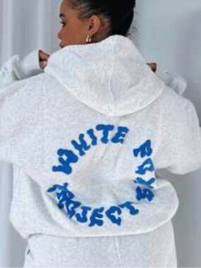 White Fox Boutique White Hoodie with Blue Circle Graphic
